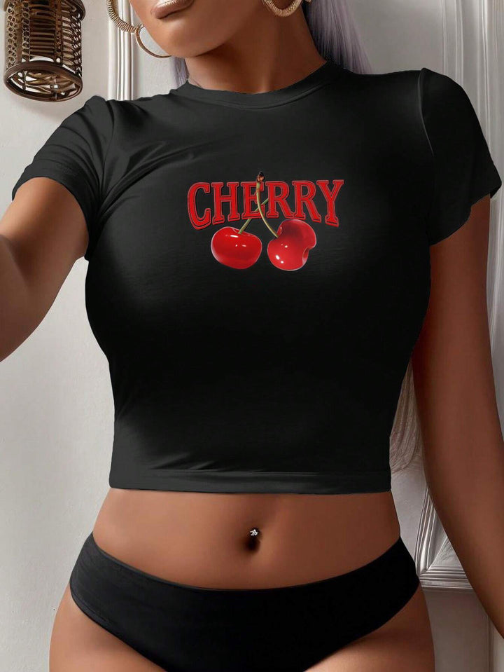 Damen Crop-T-Shirt mit kreativem Cocktail-Design Drune