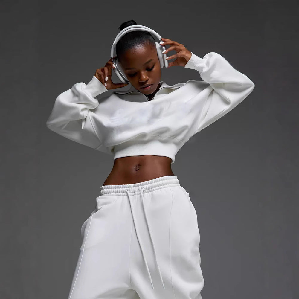 Damen nan kurzes Half-Zip Sweatshirt-Set mit hochtaillierter weiter Lounge-Jogginghose Drune