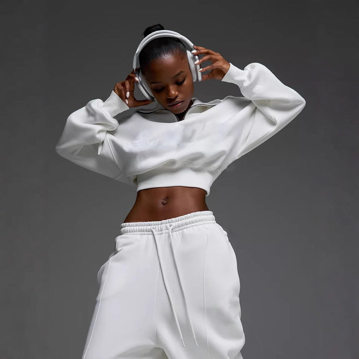 Damen nan kurzes Half-Zip Sweatshirt-Set mit hochtaillierter weiter Lounge-Jogginghose Drune