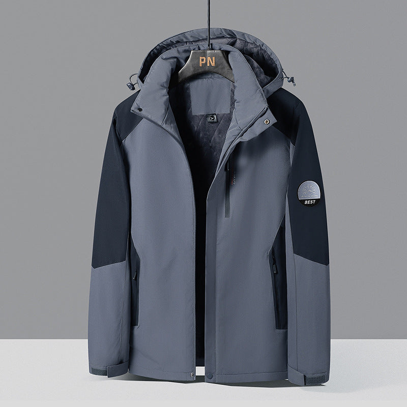 Herren zweifarbige Softshell-Outdoorjacke mit winddichter Membran, verstellbarer Kapuze und verdeckter Brusttasche Drune