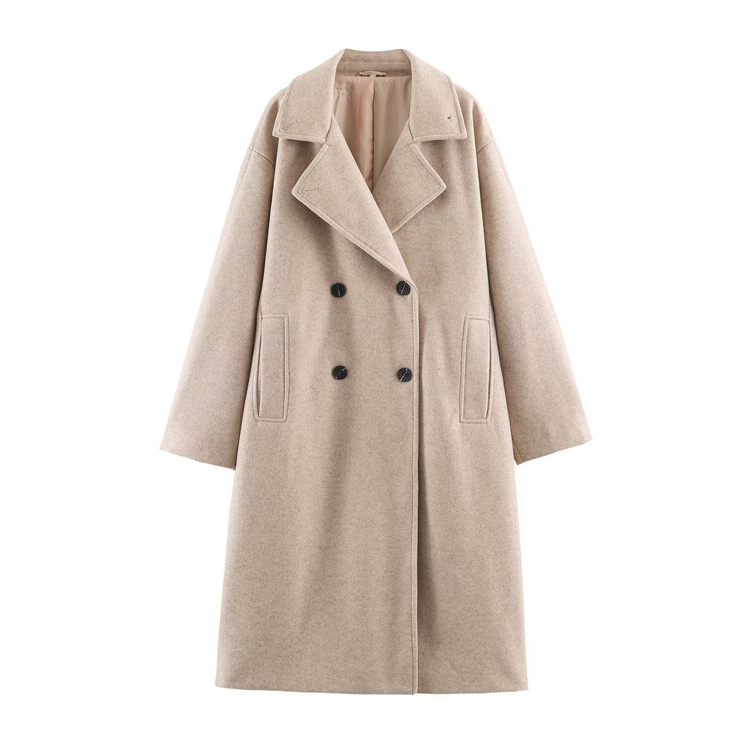 Damen Midilanger Wollmix-Doppelreihenmantel mit weitem Revers und Eingrifftaschen Drune