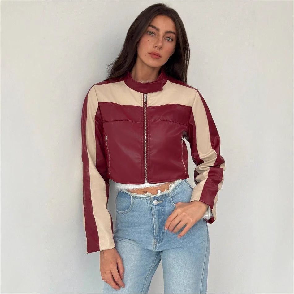 Damen cropped Kunstlederjacke mit kontrastierenden Einsätzen Drune