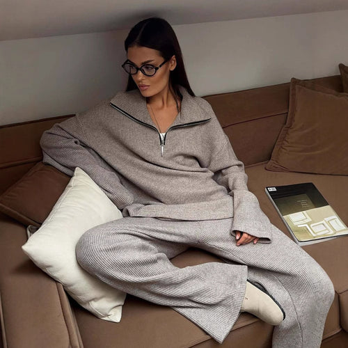 Damen Oversize Strick-Lounge-Set mit halbem Reißverschluss und weitem Bein Drune