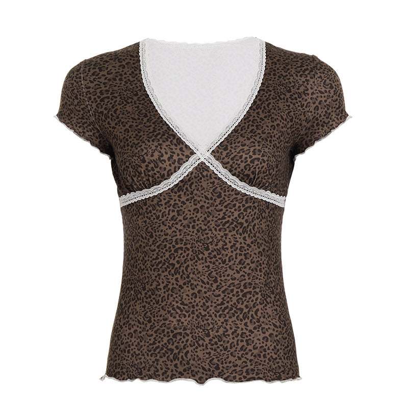 Damen Oberteil mit Leopardenmuster und Spitzendetails Drune