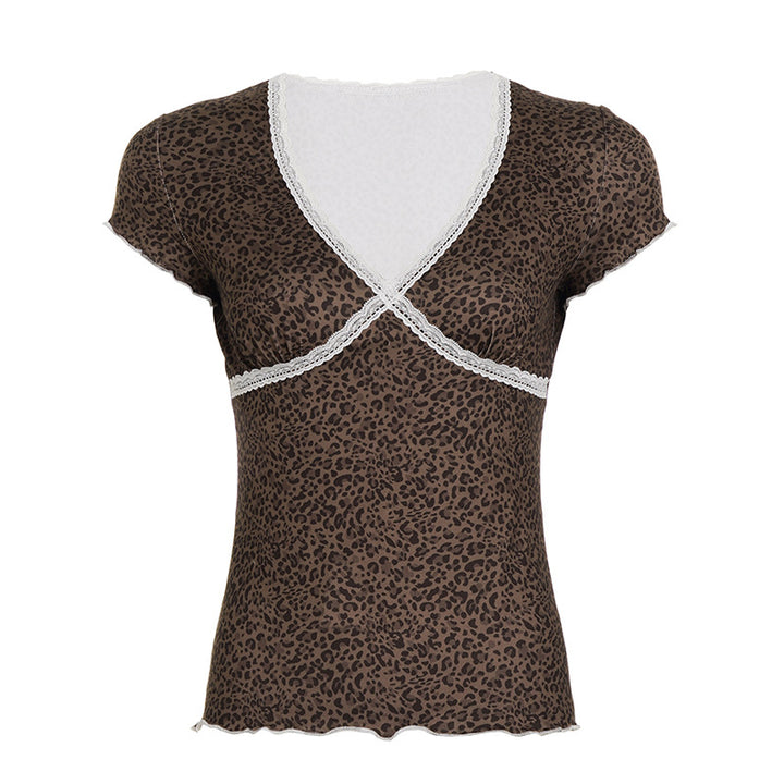 Damen Oberteil mit Leopardenmuster und Spitzendetails Drune