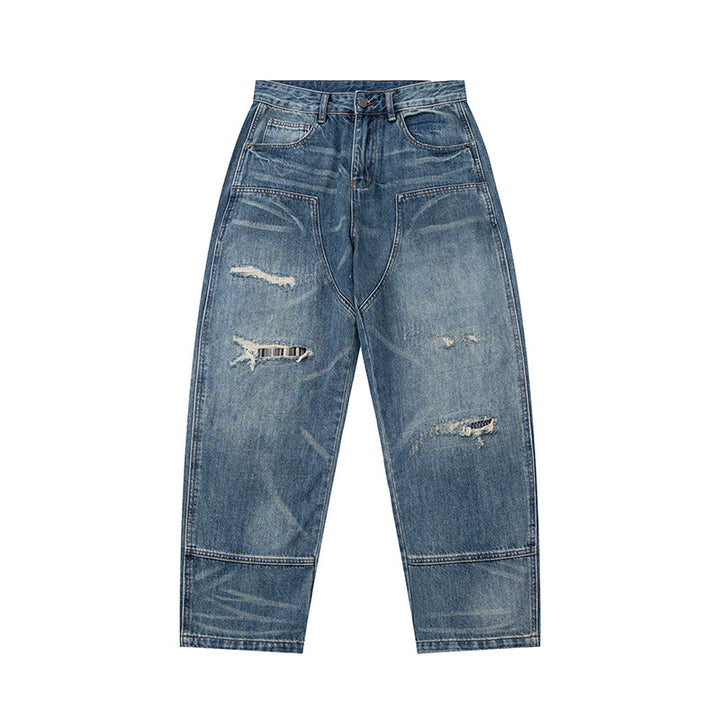 Damen Hochtaillierte Denimhose im weiten, verkürzten Schnitt mit Used‑Effekt und aufgesetzten Fronttaschen Drune
