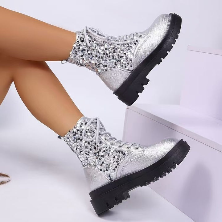 Damen nan glitzernde Schnür-Bikerboots mit robust profilierter Sohle und metallisch genarbter Oberfläche Drune