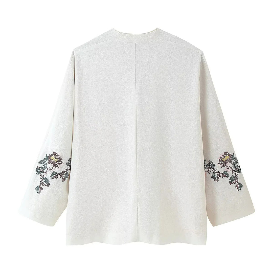 Damen nan leichte Kimono-Blusenjacke mit floraler Ärmelsstickerei und kontrastierenden Bindebändern Drune