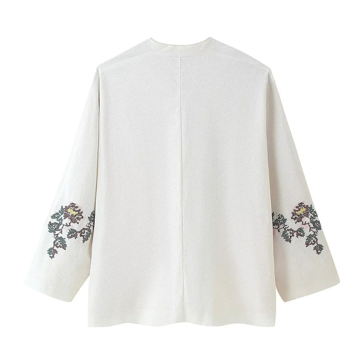 Damen nan leichte Kimono-Blusenjacke mit floraler Ärmelsstickerei und kontrastierenden Bindebändern Drune