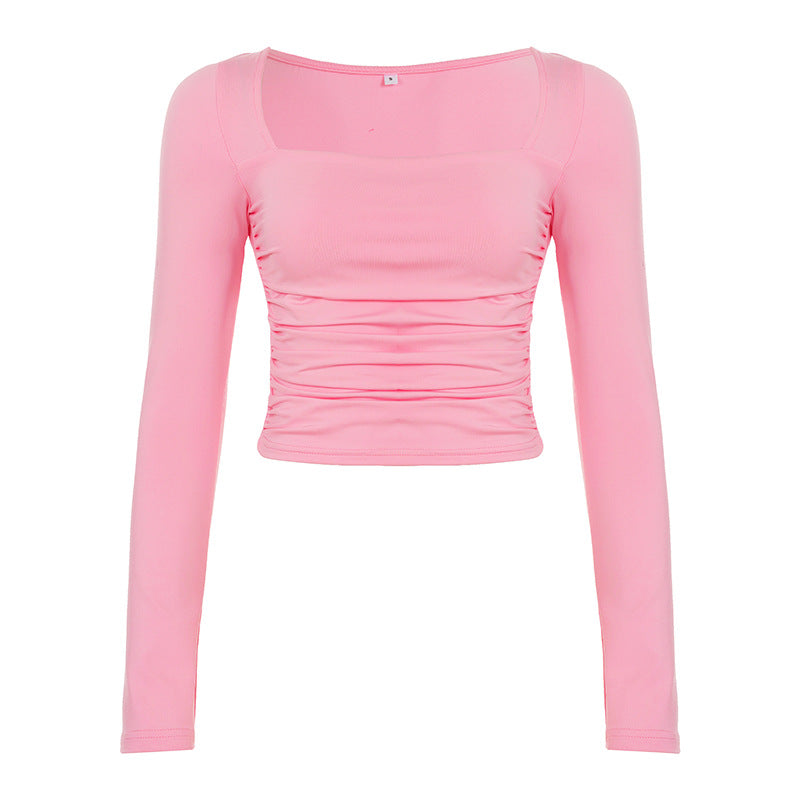 Damen Tailliertes langärmeliges Crop-Top mit eckigem Ausschnitt und Raffung Drune