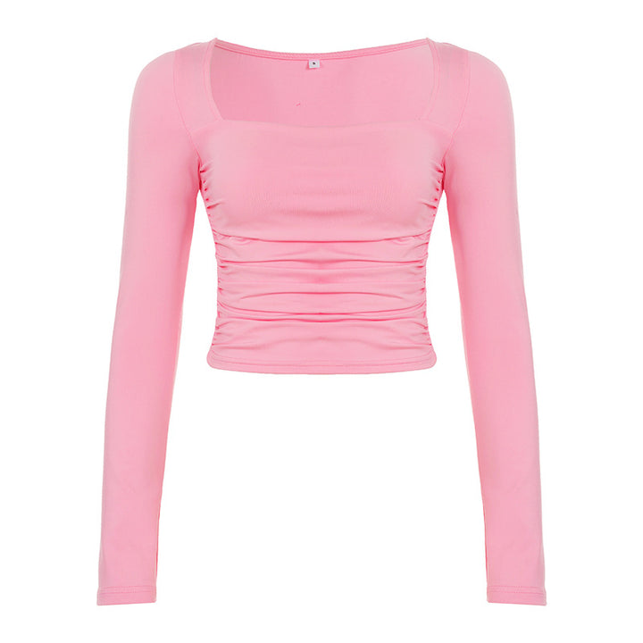 Damen Tailliertes langärmeliges Crop-Top mit eckigem Ausschnitt und Raffung Drune