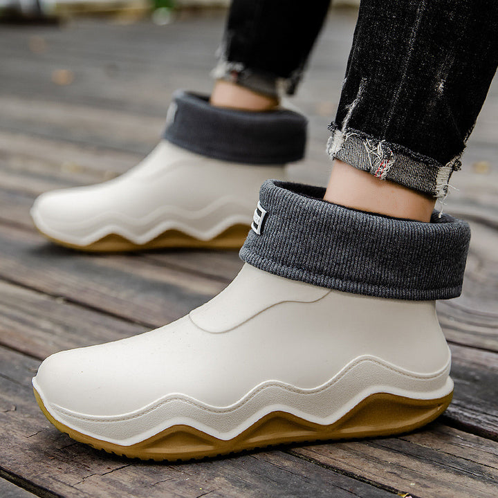 Damen Wasserdichte Slip-On Ankle‑Gummistiefelette mit umgeschlagenem Strickkragen Drune