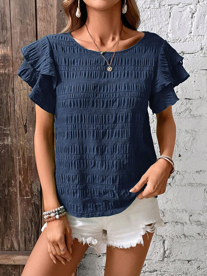 Damen Kurzarm-Bluse mit Smok-Effekt und Volantärmeln Drune