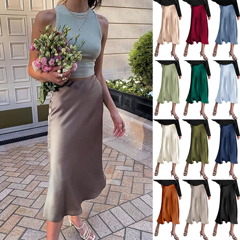 Damen eleganter Midi-Rock aus satinierter Viskose mit fließendem Fall Drune