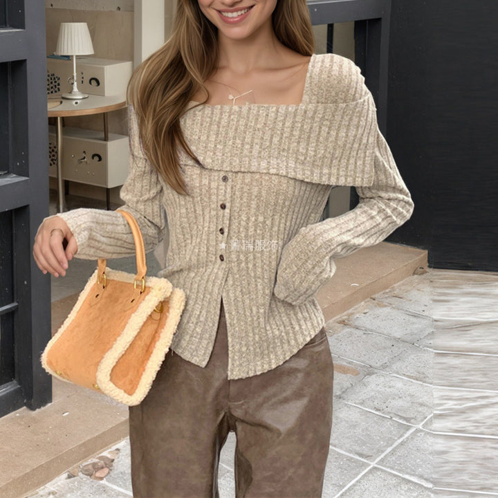 Damen Rippstrickoberteil mit quadratischem Ausschnitt und Knopfdetail Drune