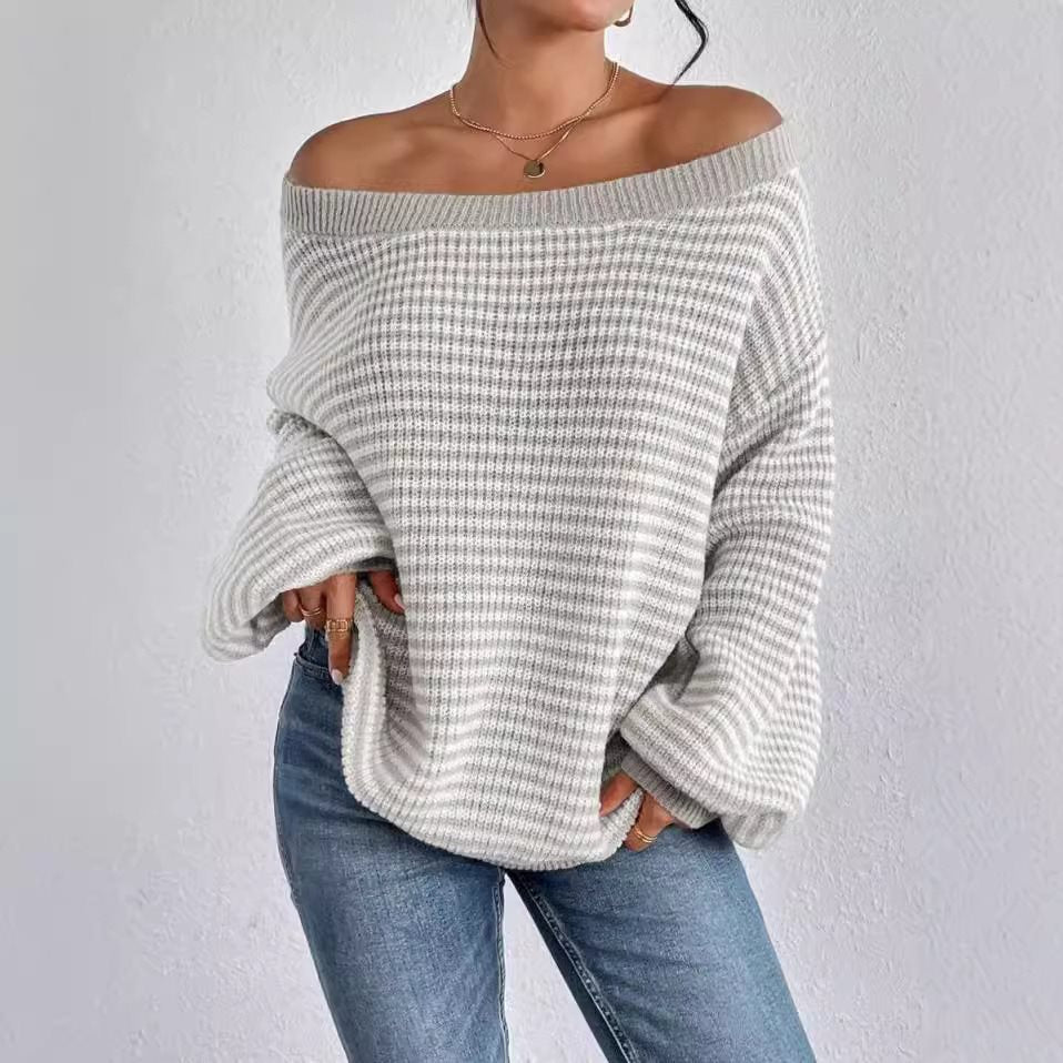 Damen oversized Strickpullover mit V-Ausschnitt und dekorativem Muster Drune