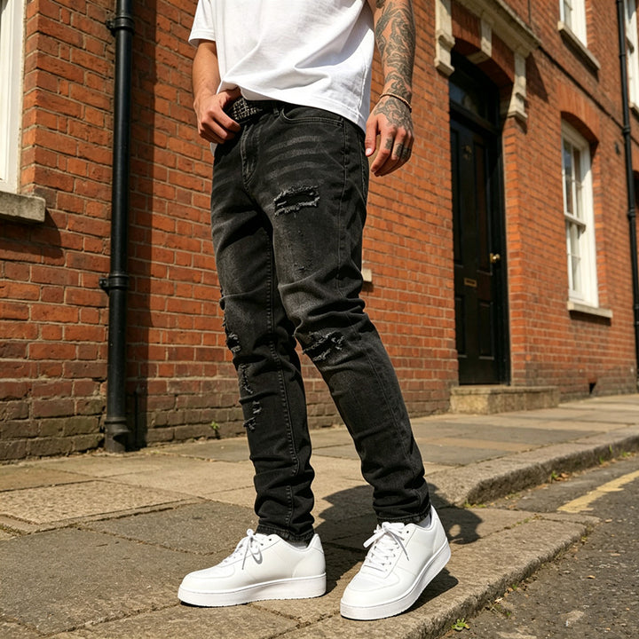 Herren Zerrissene Slim-Fit Jeans Drune
