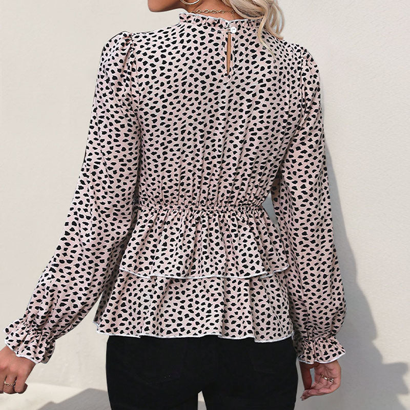 Damen Gesmoktes Chiffon-Blusenshirt mit Stufen-Peplum und Rüschenärmeln Drune