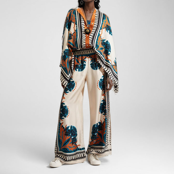 Damen Florales Kaftan-Oberteil mit Knopfdetail Drune