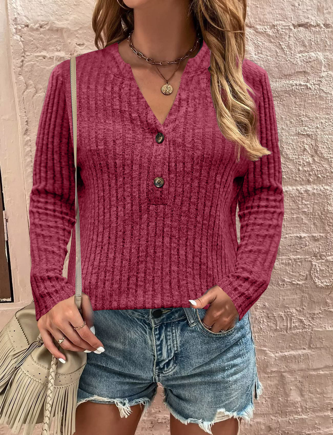 Damen Langarmshirt mit strukturiertem Rippdesign und Knopfdetail Drune