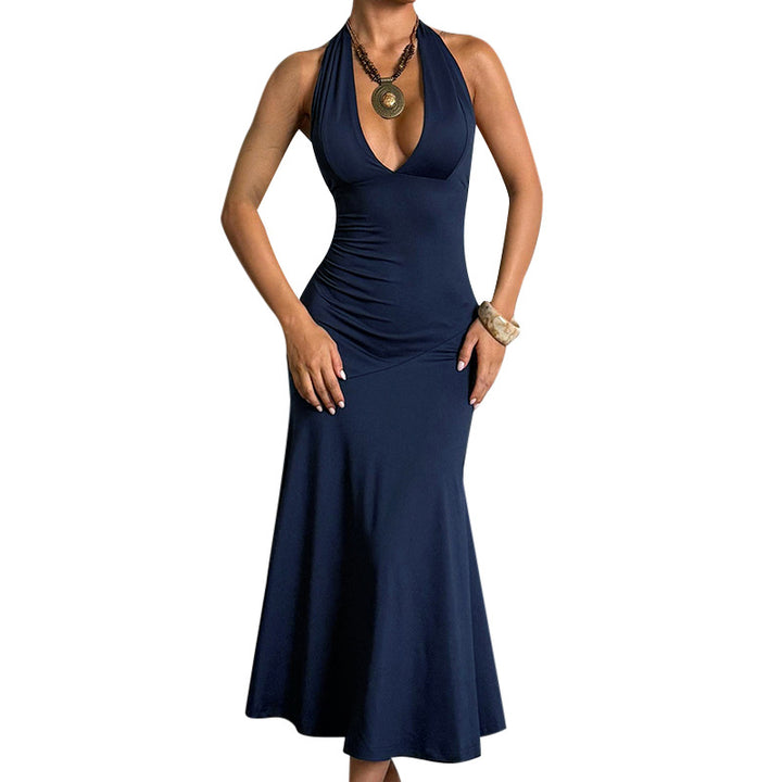 Damen elegantes Maxikleid mit tiefem V-Ausschnitt und raffiniertem Schleifendetail Drune