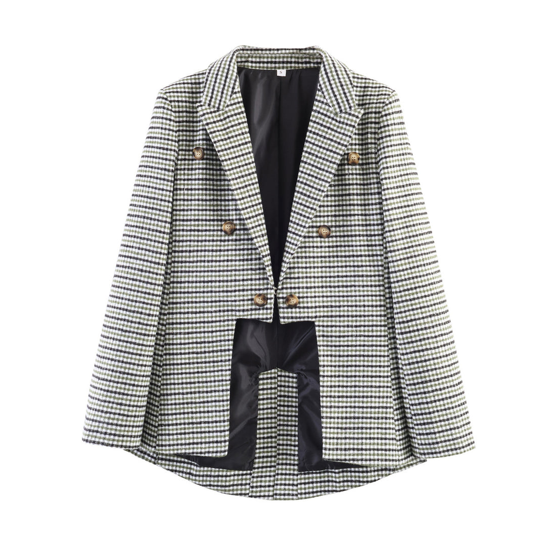 Damen Karo-Blazer mit asymmetrischem Cropped-Vorderteil und Holzknöpfen Drune
