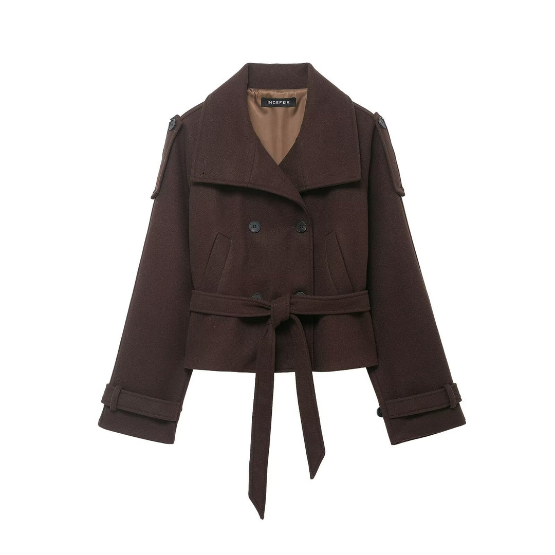 Damen Cropped Wollmix‑Kurzmantel mit hohem Stehkragen, Epauletten und Taillengürtel Drune