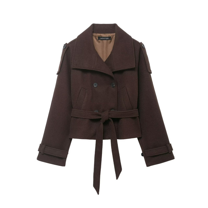 Damen Cropped Wollmix‑Kurzmantel mit hohem Stehkragen, Epauletten und Taillengürtel Drune