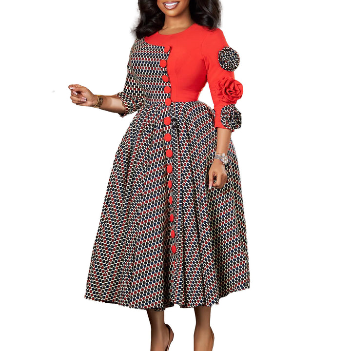 Damen Elegantes Kleid mit grafischem Muster und mehrfarbigen Details Drune