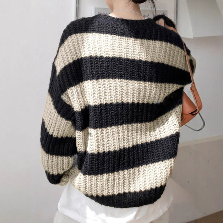 Damen modischer Strickpullover mit breiten Streifen und lockerer Passform Drune