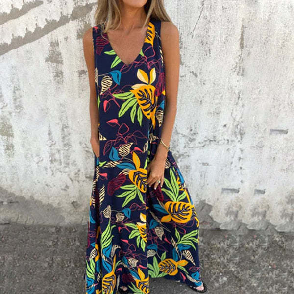 Damen luftiges Maxikleid mit floralem Muster und praktischen Taschen Drune