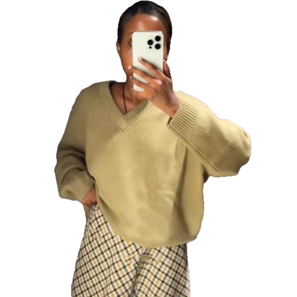 Damen Oversized V-Ausschnitt Strickpullover mit geripptem Saum Drune