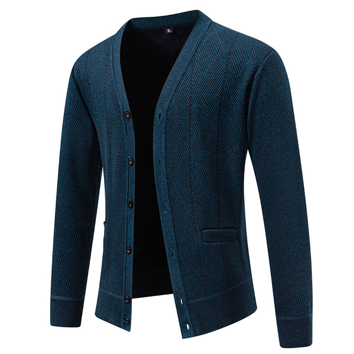 Herren Strukturierter Feinstrick-Cardigan mit Chevron‑Muster, V‑Ausschnitt und Eingrifftaschen Drune