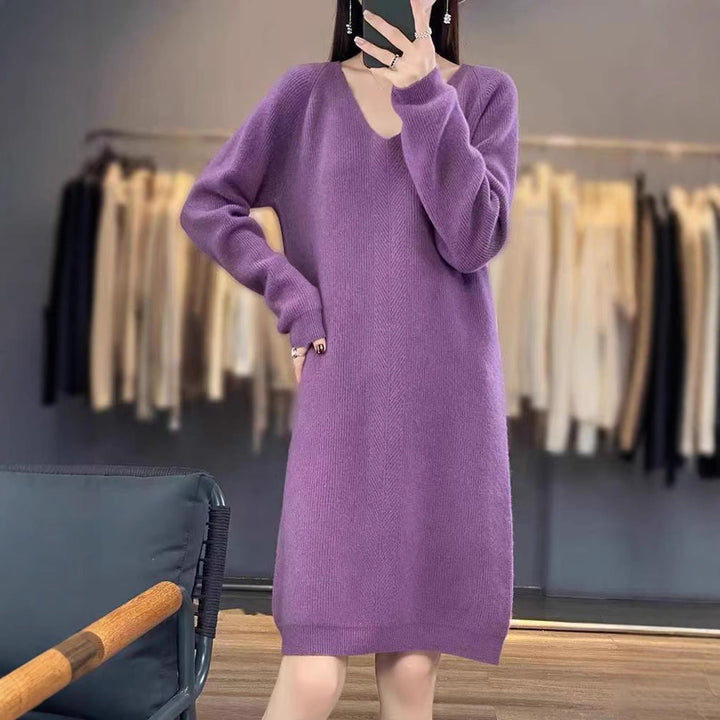 Damen gemütliches Strickkleid mit V-Ausschnitt und lässigem Schnitt Drune