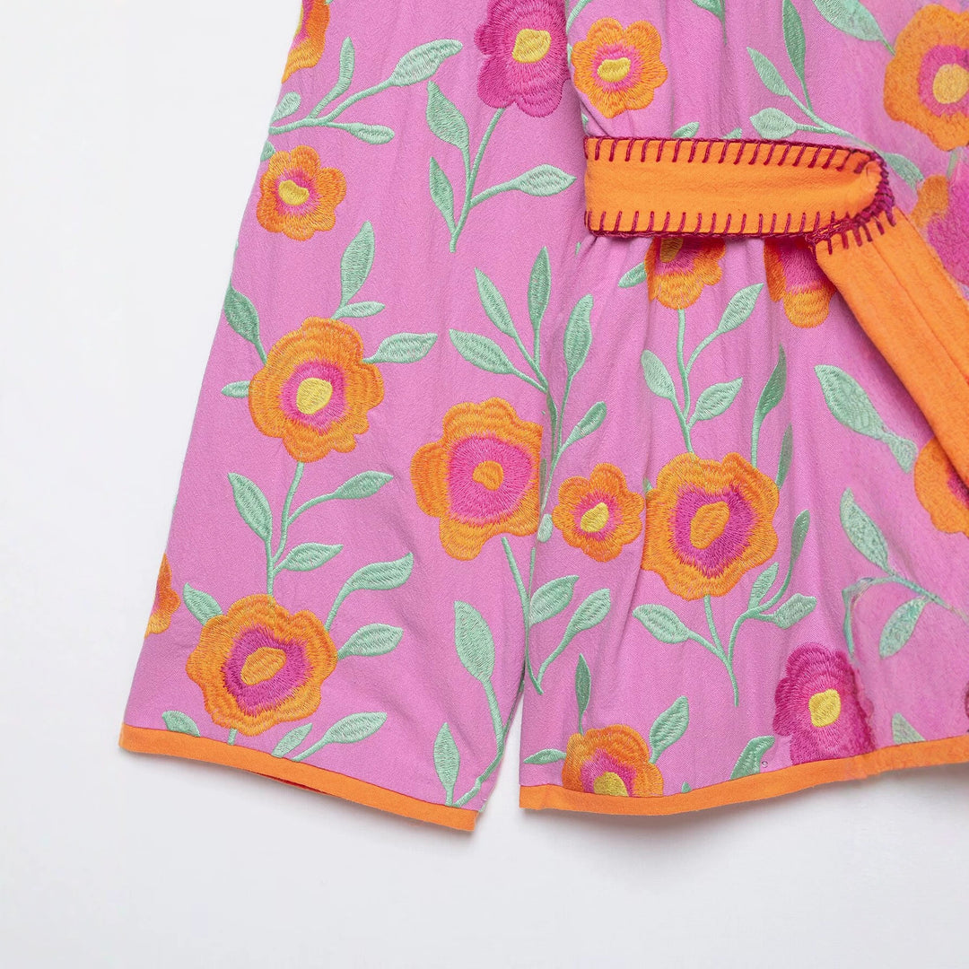 Damen Besticktes Kimono-Blouson mit Taillengürtel und floraler Stickerei Drune