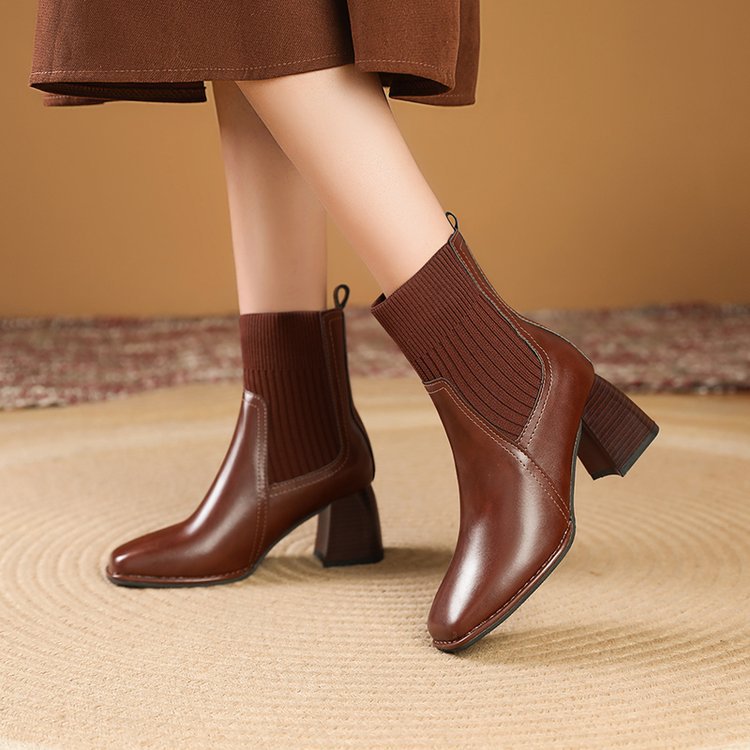Damen Elegante Chunky Stiefeletten mit Strick-Einsatz Drune