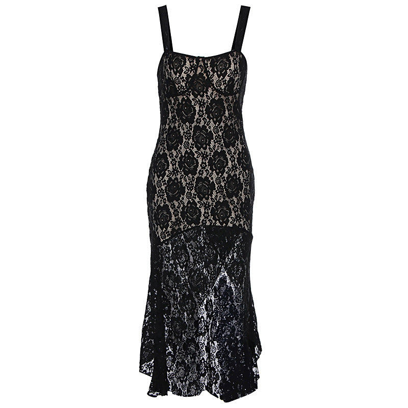 Damen Spitzenmaxikleid mit tiefem Schlitz und Detailverzierungen Drune