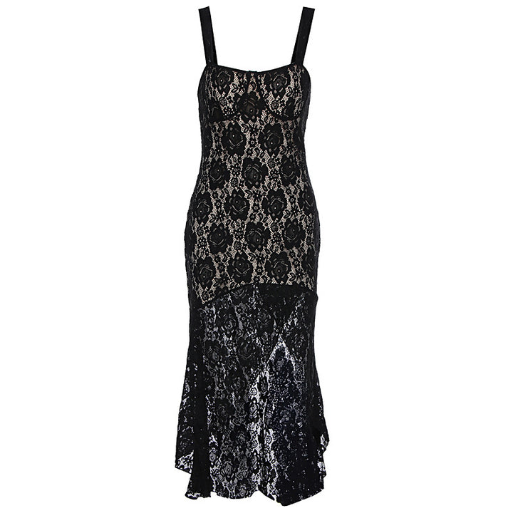 Damen Spitzenmaxikleid mit tiefem Schlitz und Detailverzierungen Drune