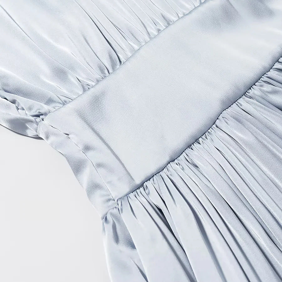 Damen nan fließendes Maxikleid mit gerafftem Oberteil, breitem Taillenbund und voluminösen Ballonärmeln Drune