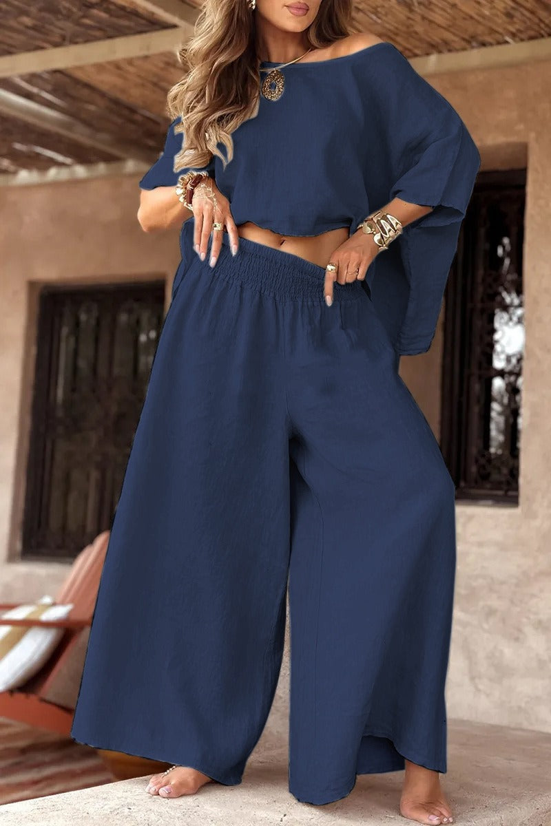 Damen Leinen-Set mit Cropped Oversize-Top und hohem elastischem Bund Palazzohose Drune