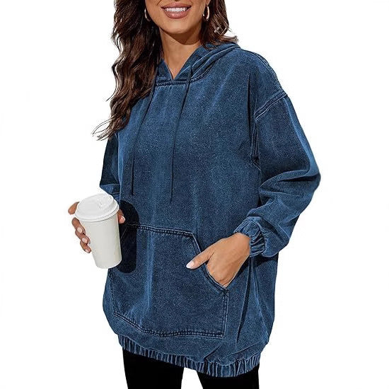 Damen Oversize Kapuzenpullover aus verwaschenem Jeansstoff mit Kängurutasche Drune