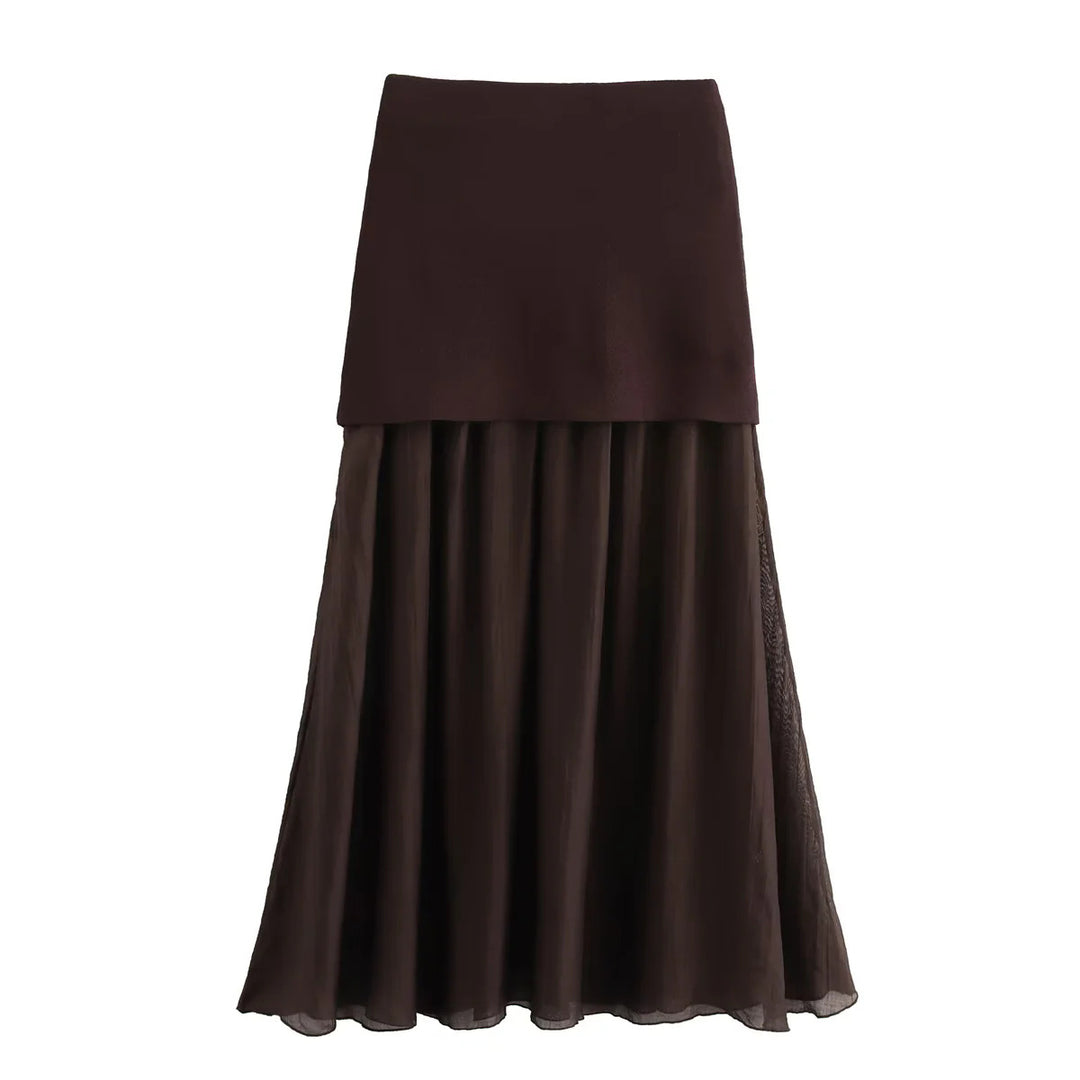 Damen nan zweilagiger Maxi-Rock mit plissiertem Chiffon und hoher Taille Drune