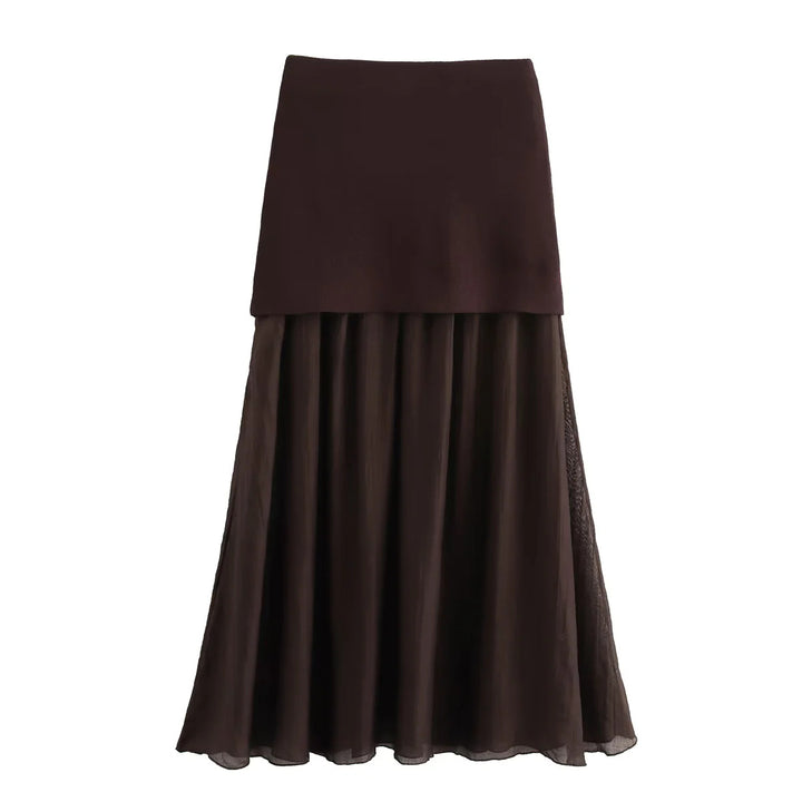 Damen nan zweilagiger Maxi-Rock mit plissiertem Chiffon und hoher Taille Drune