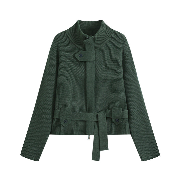 Damen Kurze Strickjacke im Blousonstil mit Stehkragen und Bindegürtel Drune
