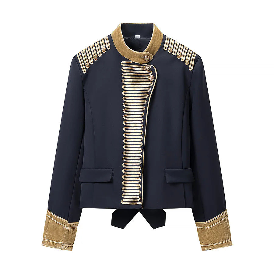 Damen nan militärische Paradejacke mit goldverzierten Passements, Stehkragen und Samtmanschetten Drune