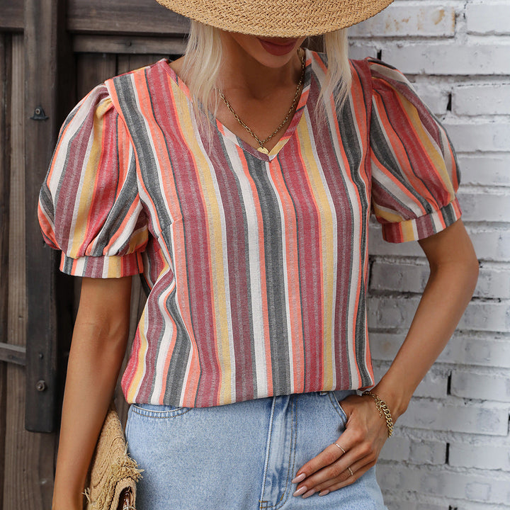 Damen lässiges Kurzarm-Blusenshirt mit Streifenmuster Drune