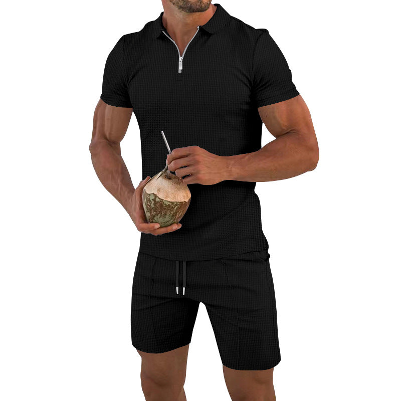 Herren modisches Polo- und Shorts-Set mit strukturiertem Gewebe und funktionalem Reißverschluss Drune