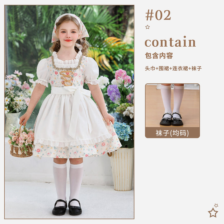 Damen nan traditionelles Dirndlkleid für Mädchen mit bestickter Schürze, Rüschenkragen und passendem Kopftuch Drune
