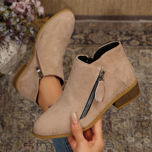 Damen Moderne Kurzschaft-Stiefelette mit sichtbarem Metallreißverschluss und niedriger Holzoptik-Blocksohle Drune