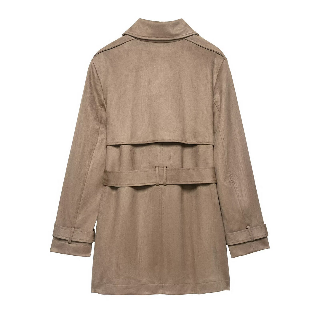 Damen Doppelreihiger Wildlederoptik-Trenchcoat mit Taillengürtel Drune